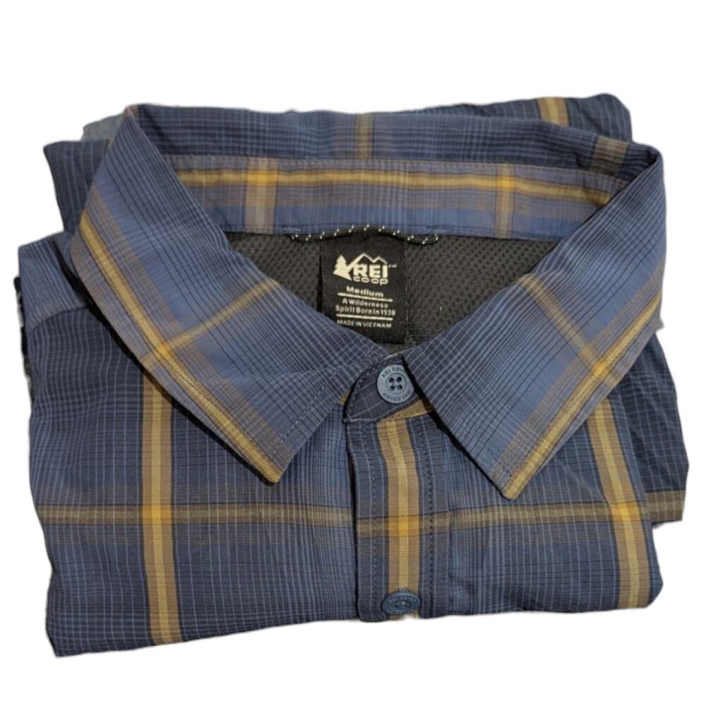 REI Coop Shirt Mens Medium Blue Brown Check Plaid Button Up Long Sleeve Bluesign